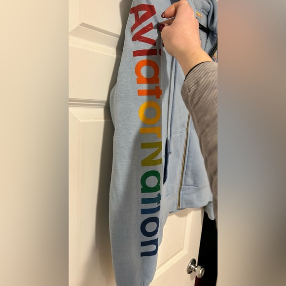 EUC Aviator Nation Light Blue Hoodie with Multicolor Arm Logo - Picture 5 of 13